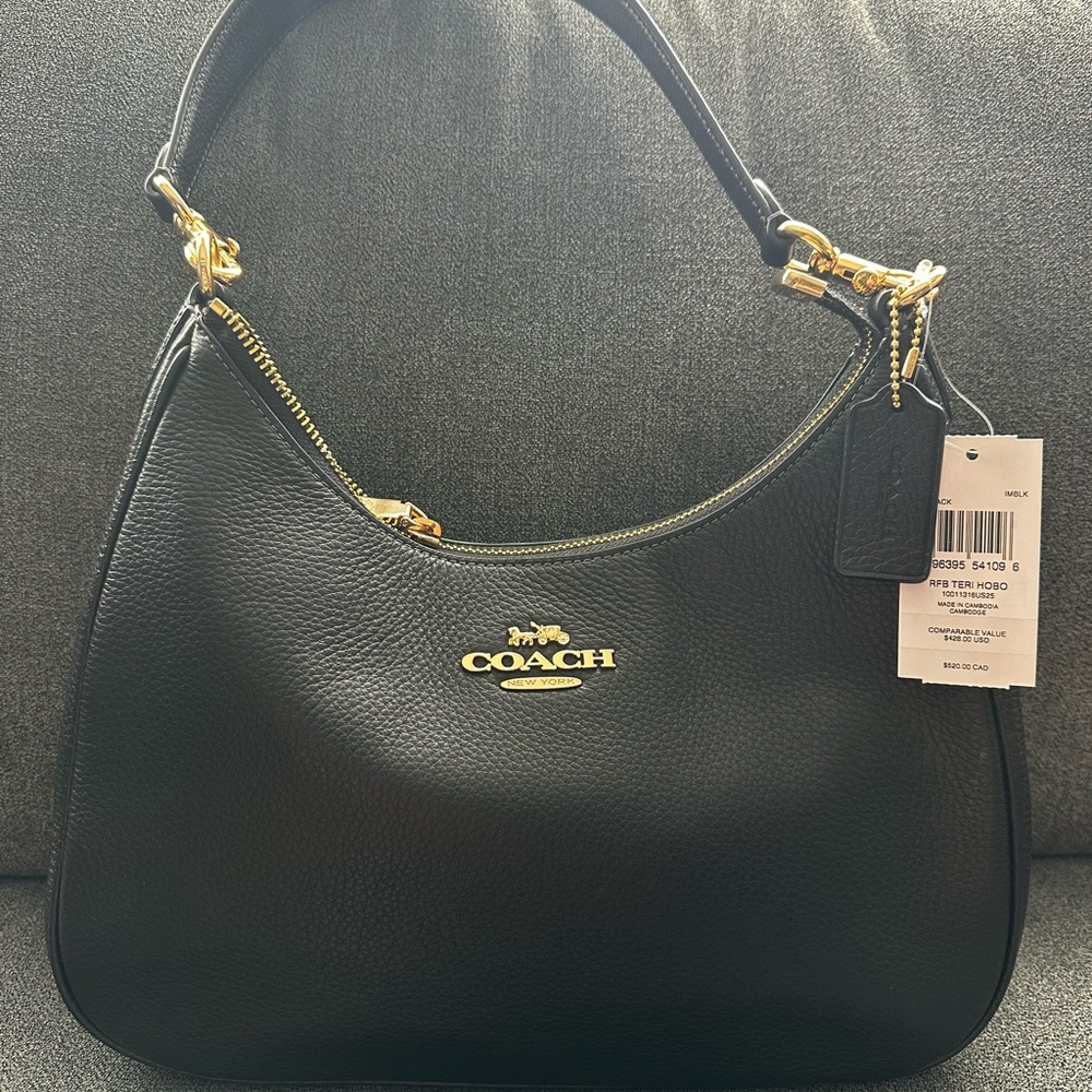 Coach Teri Hobo Black Leather Shoulder Bag with Gold Accents